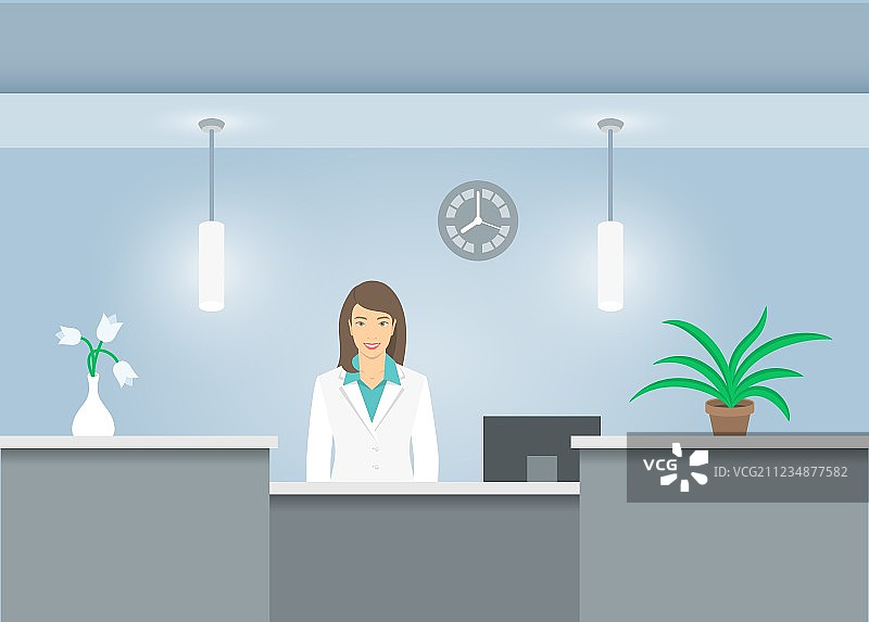 穿着医疗外套的女接待员在前台图片素材
