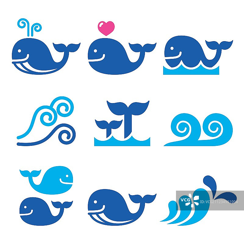 鲸鱼海洋波浪蓝色图标合集图片素材