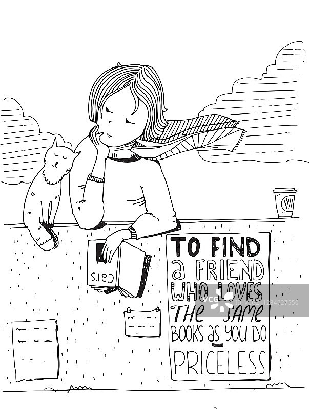 女孩和小猫手绘读书图图片素材