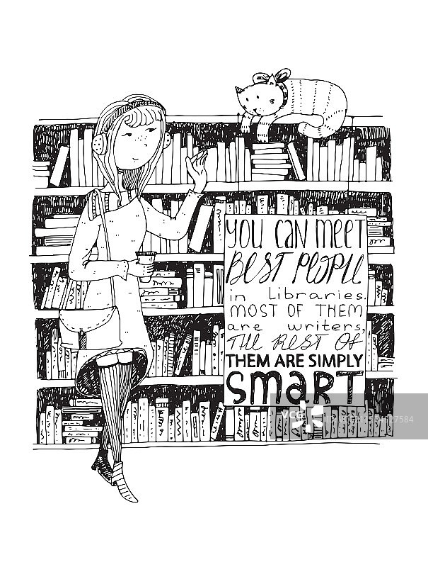 女孩和猫在图书馆相遇图片素材