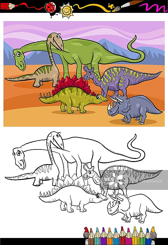 恐龙卡通涂色书图片素材