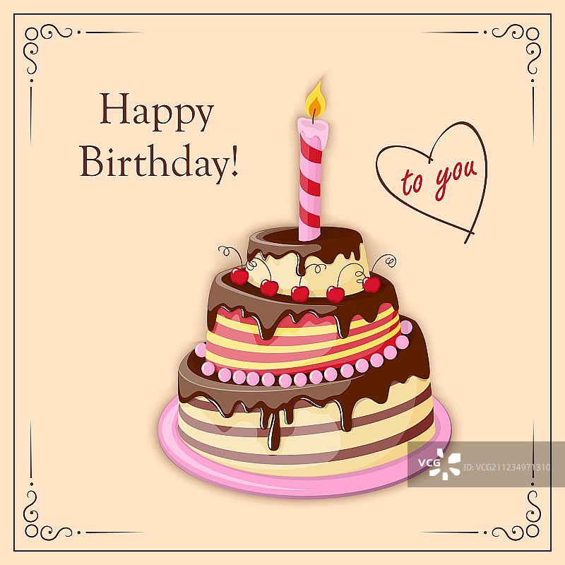 复古生日贺卡与多层蛋糕图片素材