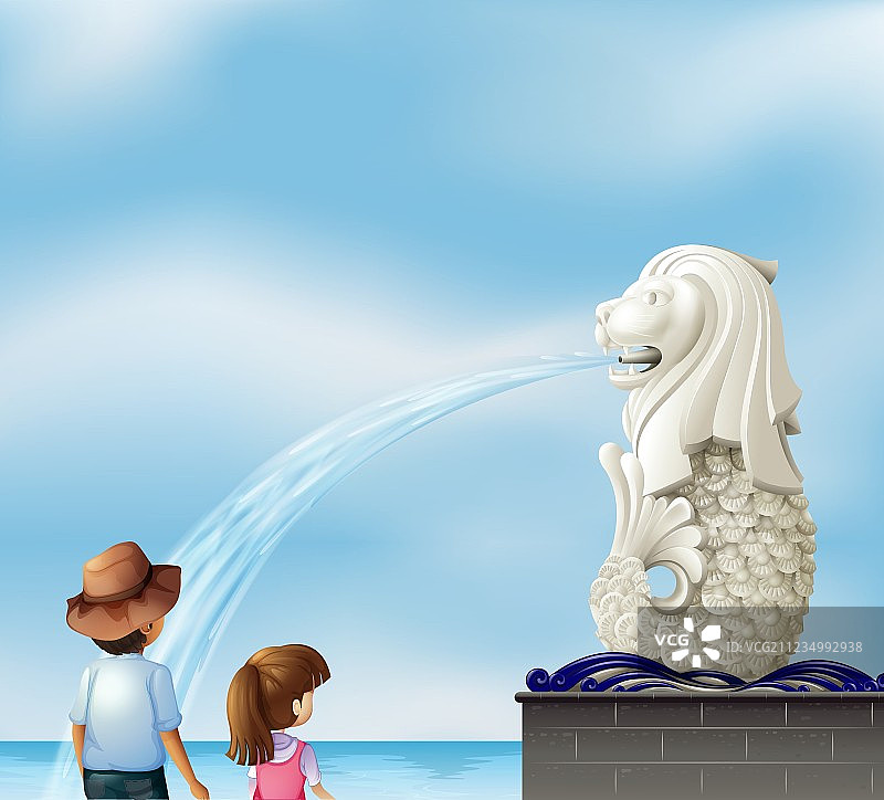 两个孩子在鱼尾狮雕像附近图片素材