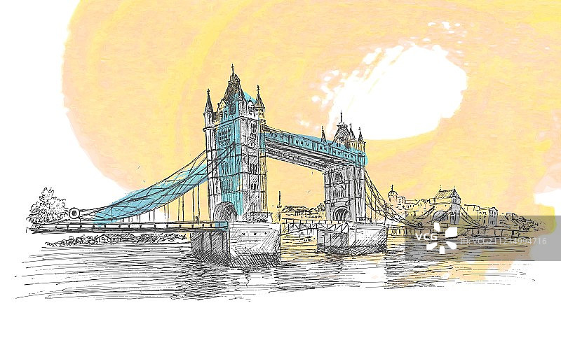 手绘英国伦敦塔桥速写图片素材