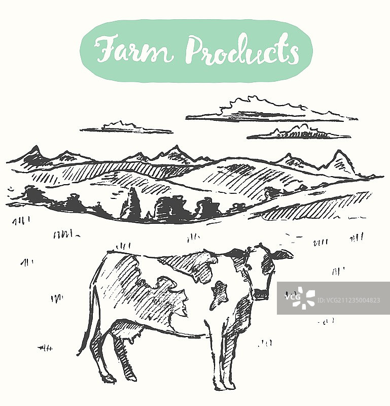 手绘奶牛草地农场新鲜产品图片素材