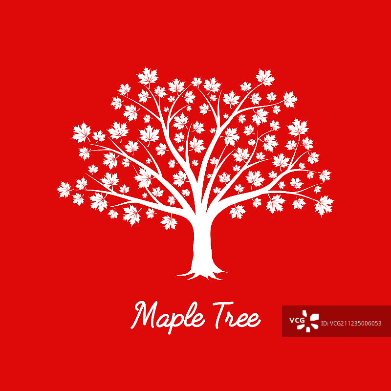 红色背景上的白色枫树轮廓图片素材