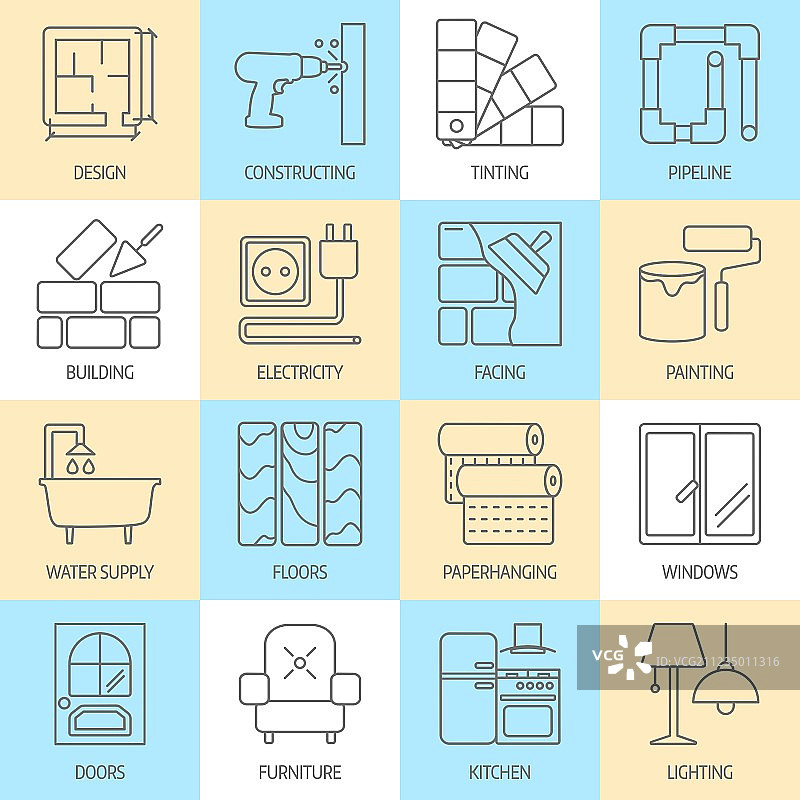 房屋主题现代扁平线性图标合集图片素材