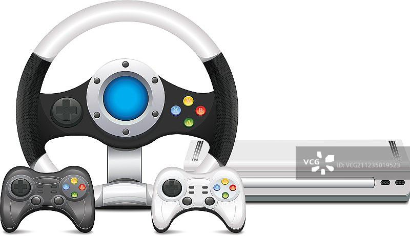 带方向盘和游戏手柄的游戏机图片素材