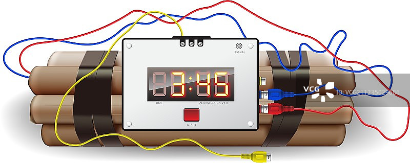 白色背景上的带闹钟的爆炸物图片素材