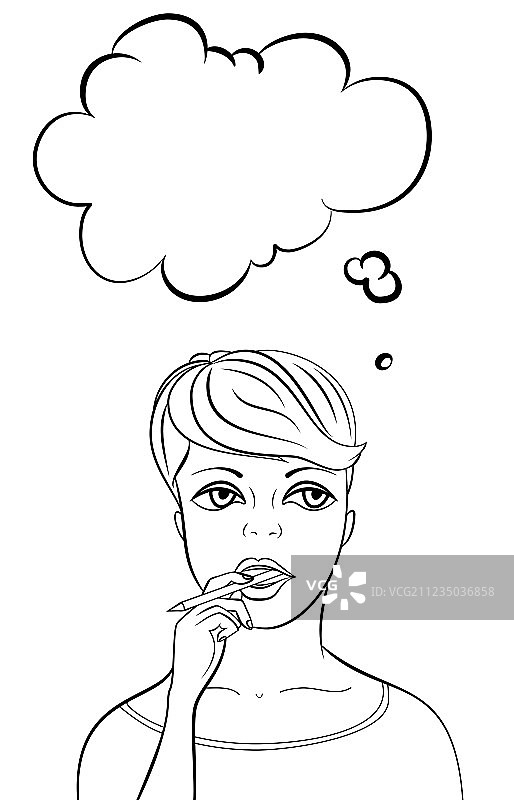 拿着笔纵向排版的思考中的女人图片素材