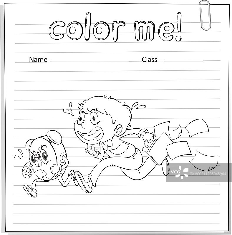 男孩和时钟的跑步练习题图片素材