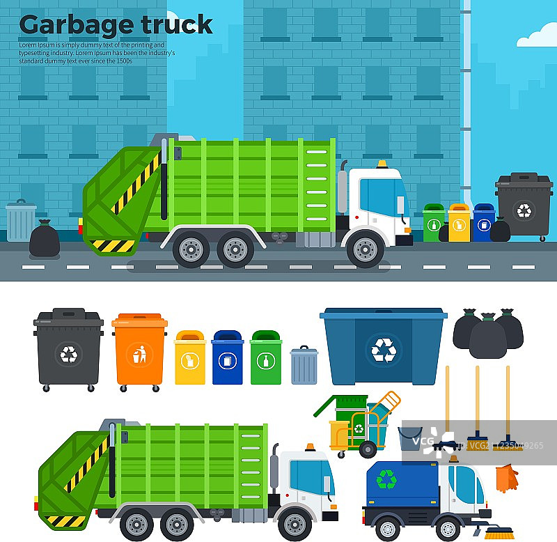 街道上的垃圾车和垃圾桶图片素材