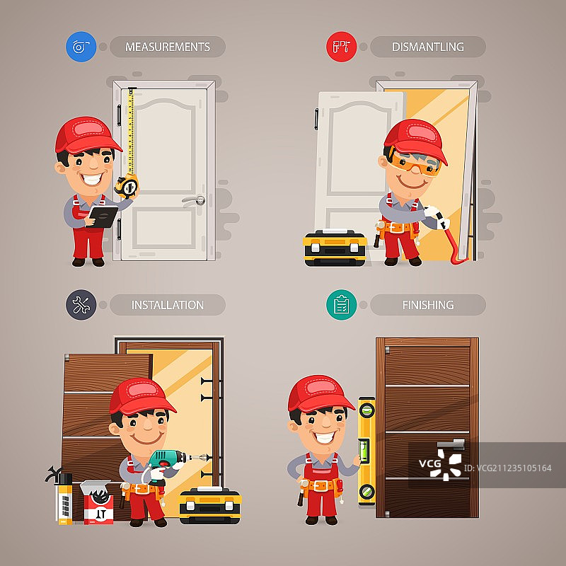 安装门步骤图（含安装工人）图片素材