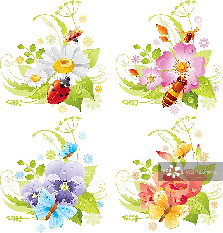 夏季banner套装与花卉和昆虫图标图片素材