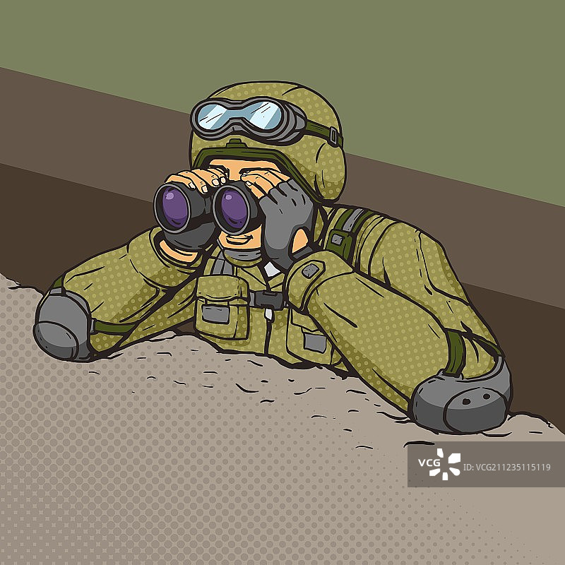士兵从战壕里用双筒望远镜观察图片素材