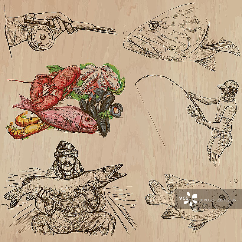 手绘钓鱼素材包图片素材