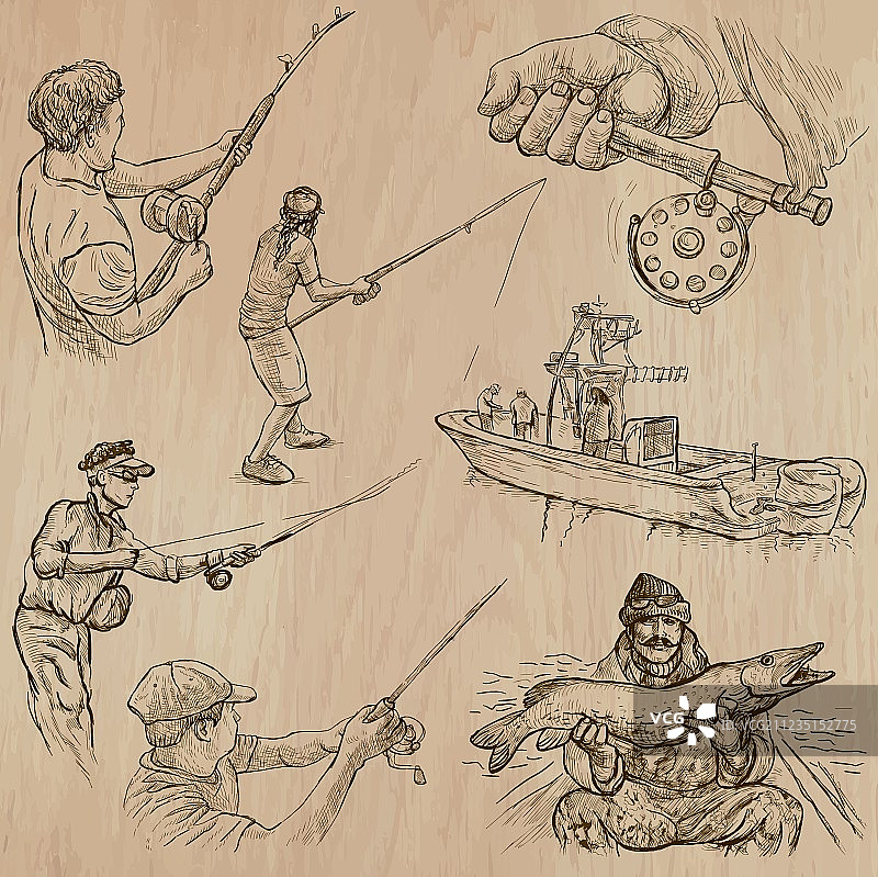 手绘钓鱼素材包图片素材