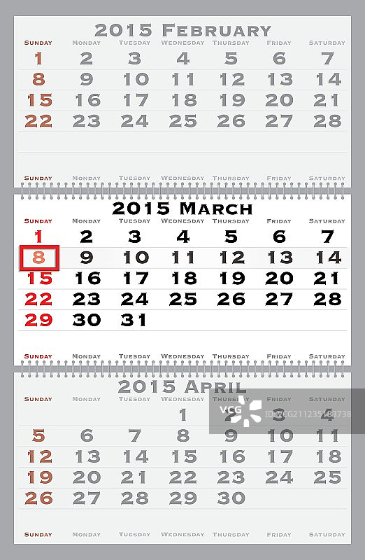 带红色日期标记的2015年3月图片素材