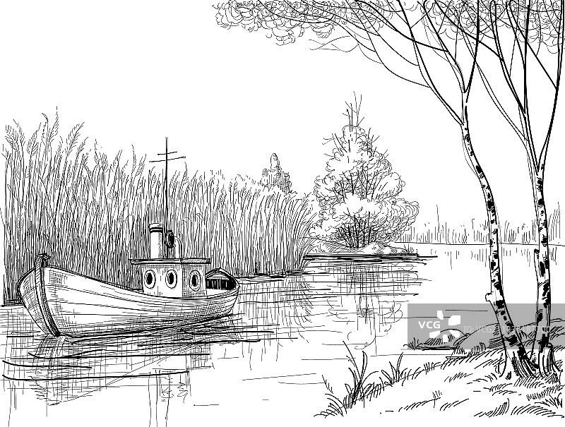 河上或三角洲的自然写生船只图片素材