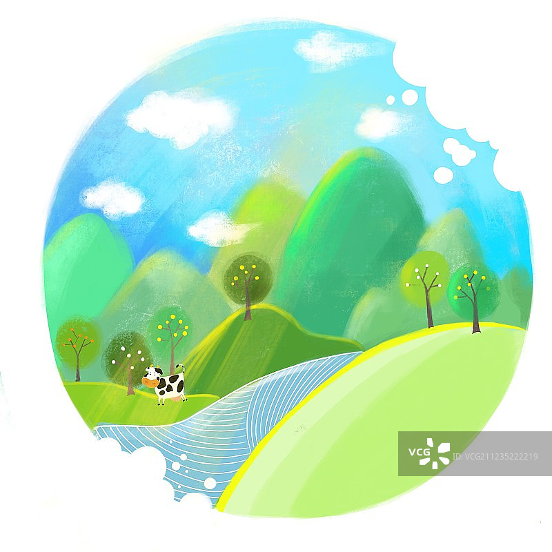 插画阳光下的奶牛图片素材