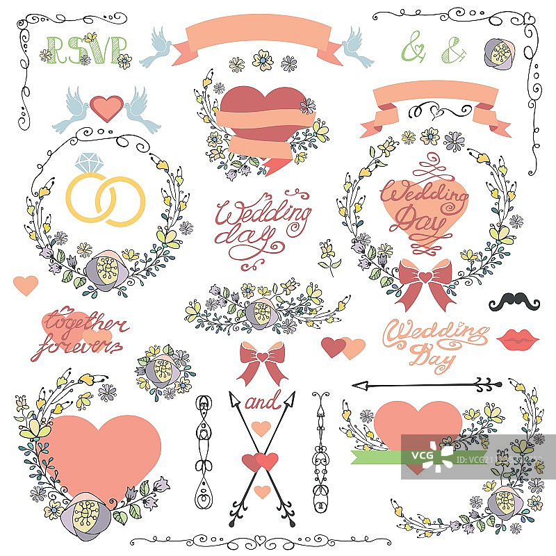 涂鸦花环婚礼邀请函装饰套装图片素材