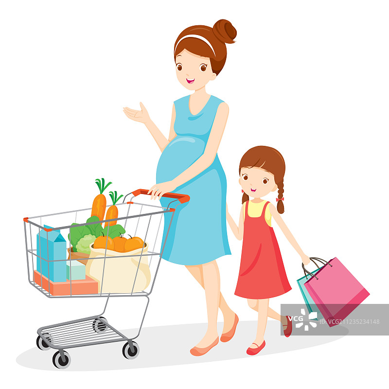 怀孕的妈妈和女儿一起购物图片素材