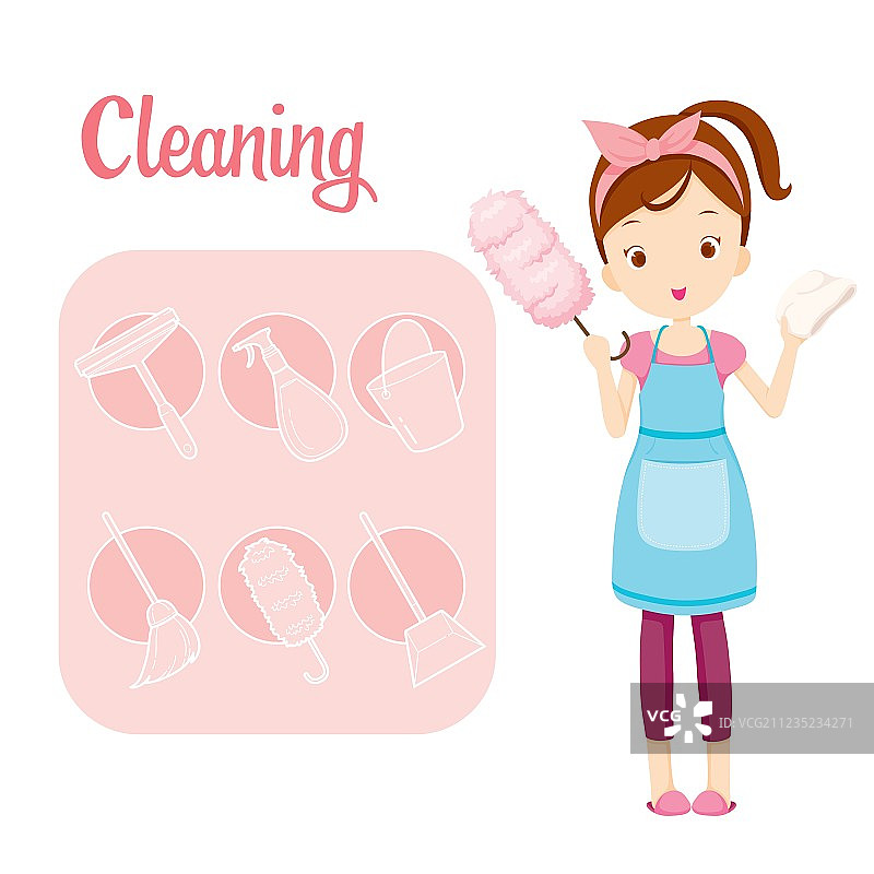 女孩与房屋清洁设备和图标集图片素材