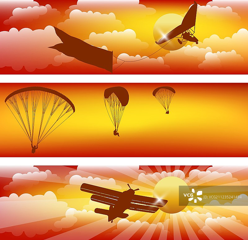 三条带有日落天空的水平条纹图片素材