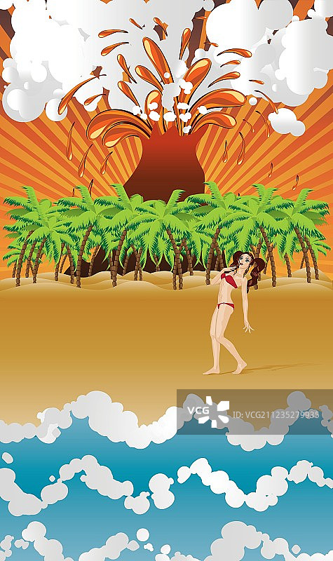 卡通火山岛和女孩图片素材