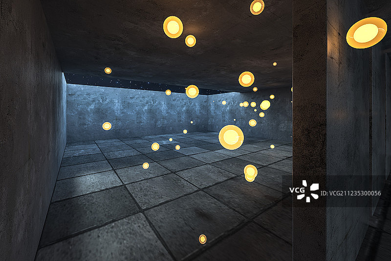 夜晚古老神秘的地下房间，三维渲染图片素材