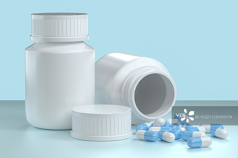 蓝色药丸与白色药瓶，三维渲染图片素材