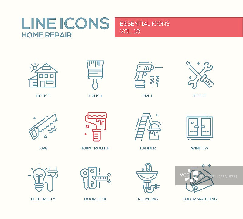 房屋维修线性设计图标集图片素材