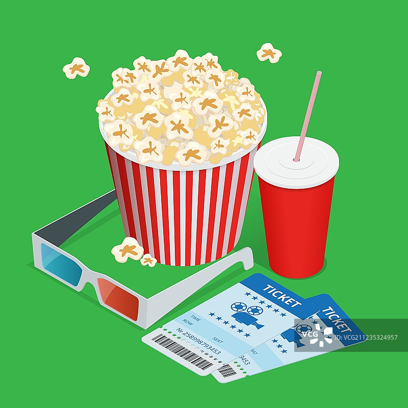 爆米花饮料和3D眼镜图片素材