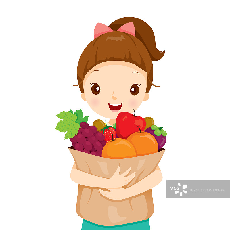 女孩提着装满水果的袋子图片素材