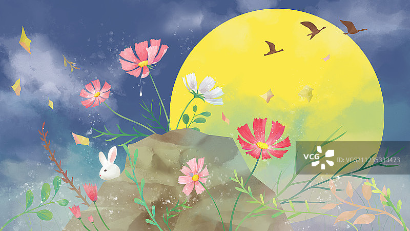 格桑花和白兔中秋图片素材