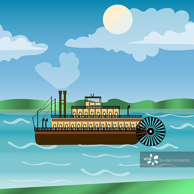 复古蒸汽船在密西西比河上航行图片素材