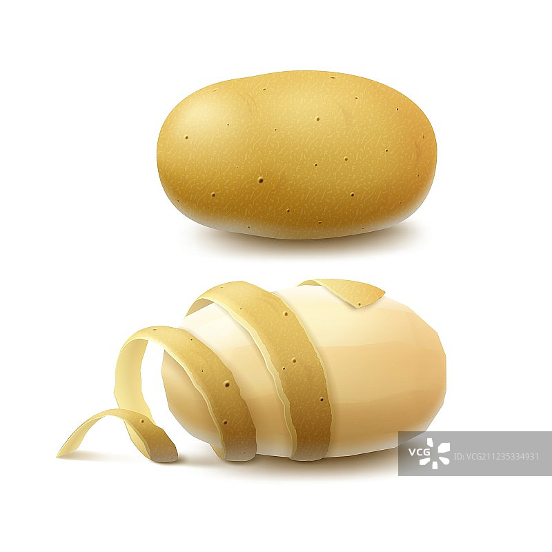 一组完整未去皮和已去皮的土豆图片素材