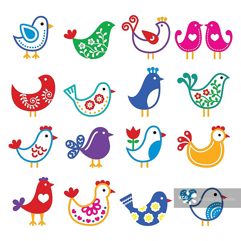 民间艺术彩色小鸟图标集图片素材
