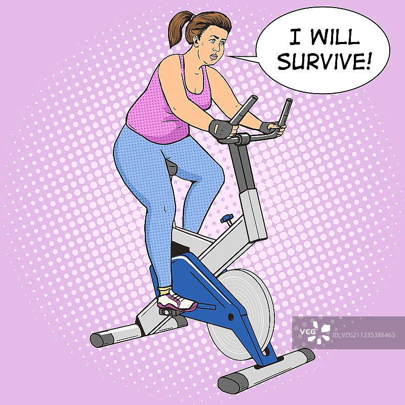 在健身车上锻炼的胖女人波普艺术风格图片素材