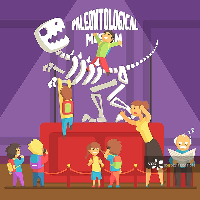 一群孩子在古生物学博物馆里制造混乱图片素材