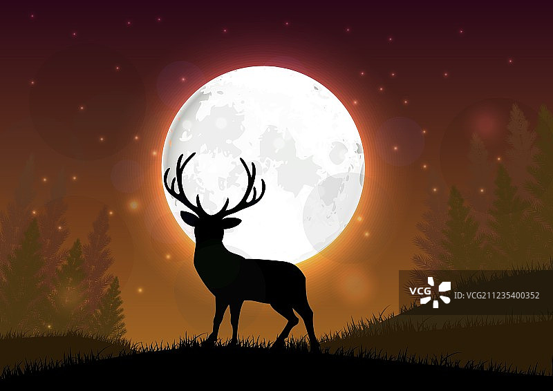 夜晚站在山丘上的鹿的轮廓图片素材