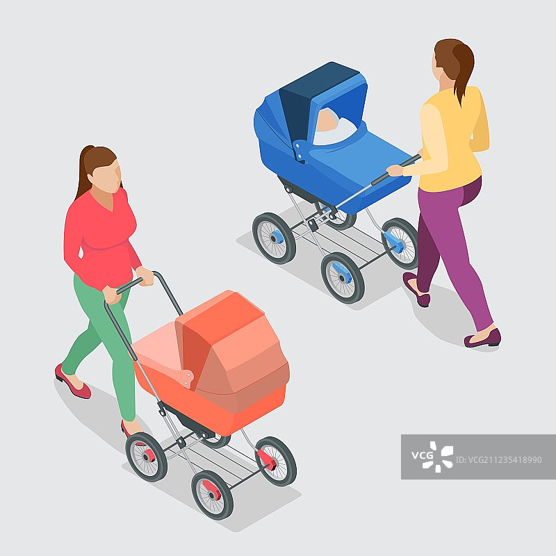 母亲推着婴儿车，隔离背景图片素材