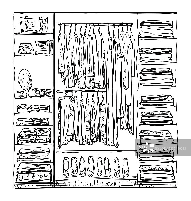 带衣服的衣帽间内部草图图片素材