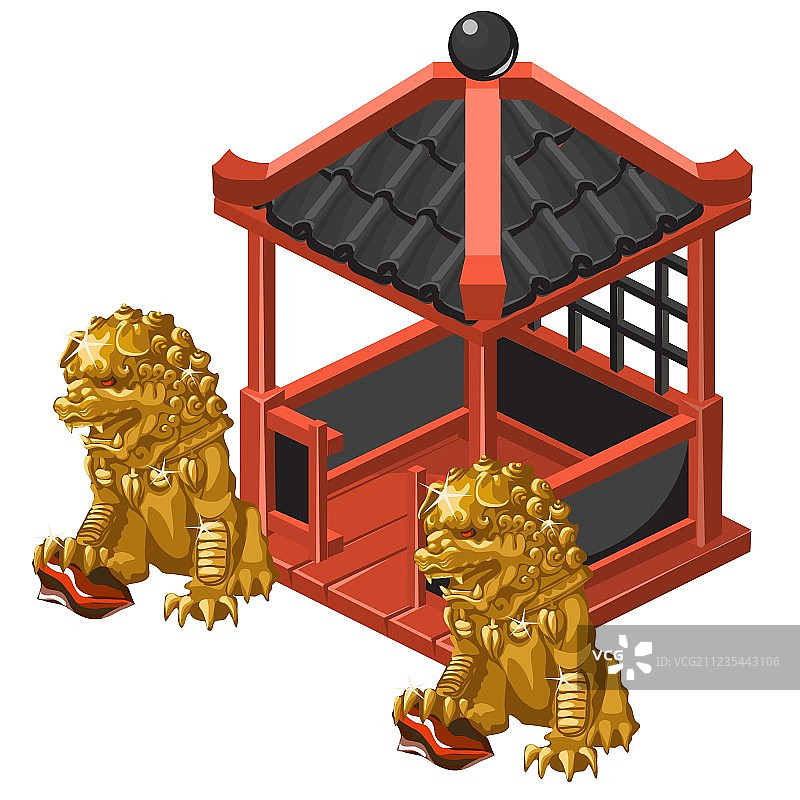 中式亭台与金狮雕像图片素材