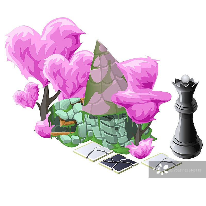 粉色植物树、棋盘和房屋的风景图片素材
