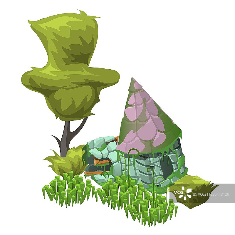 卡通风格的树木、草地和废弃房屋图片素材