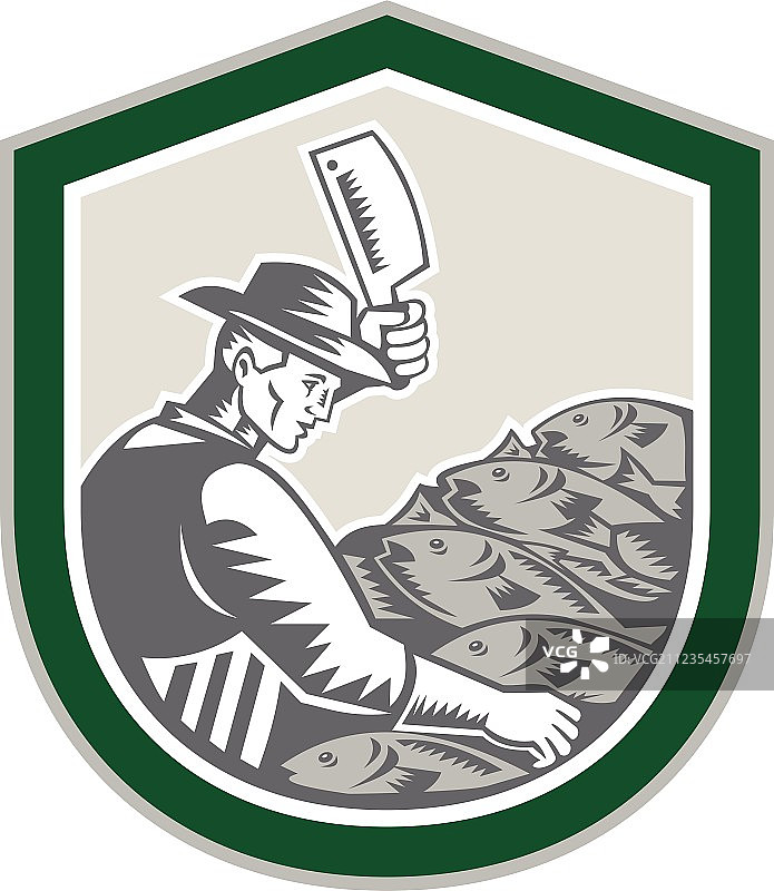 鱼贩切鱼盾牌复古风格图片素材