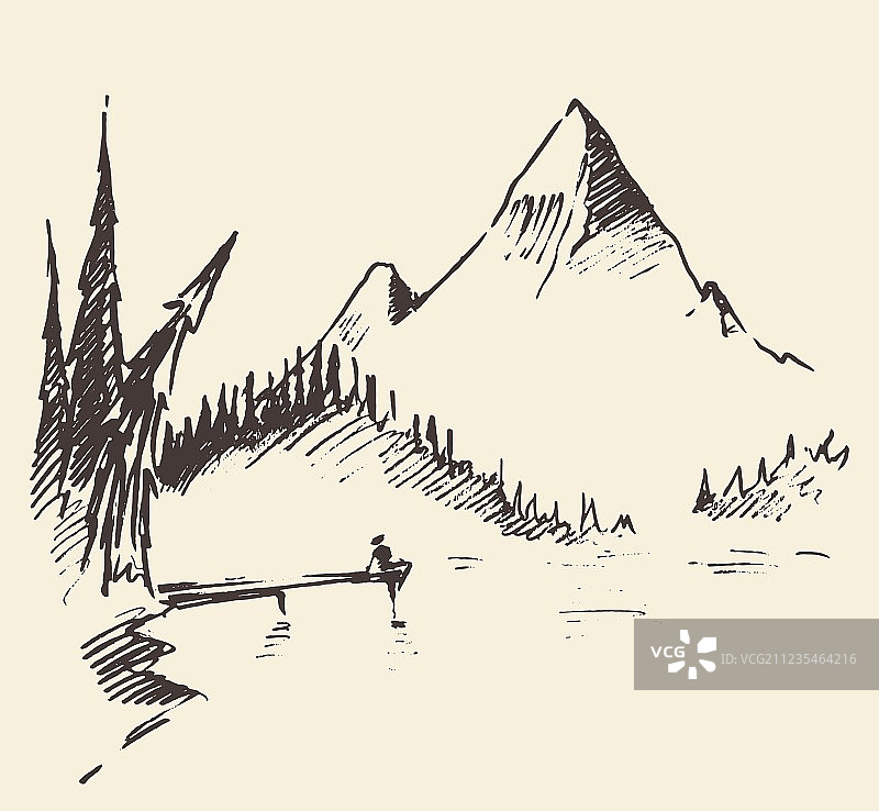 手绘山水湖泊冷杉林景观图片素材