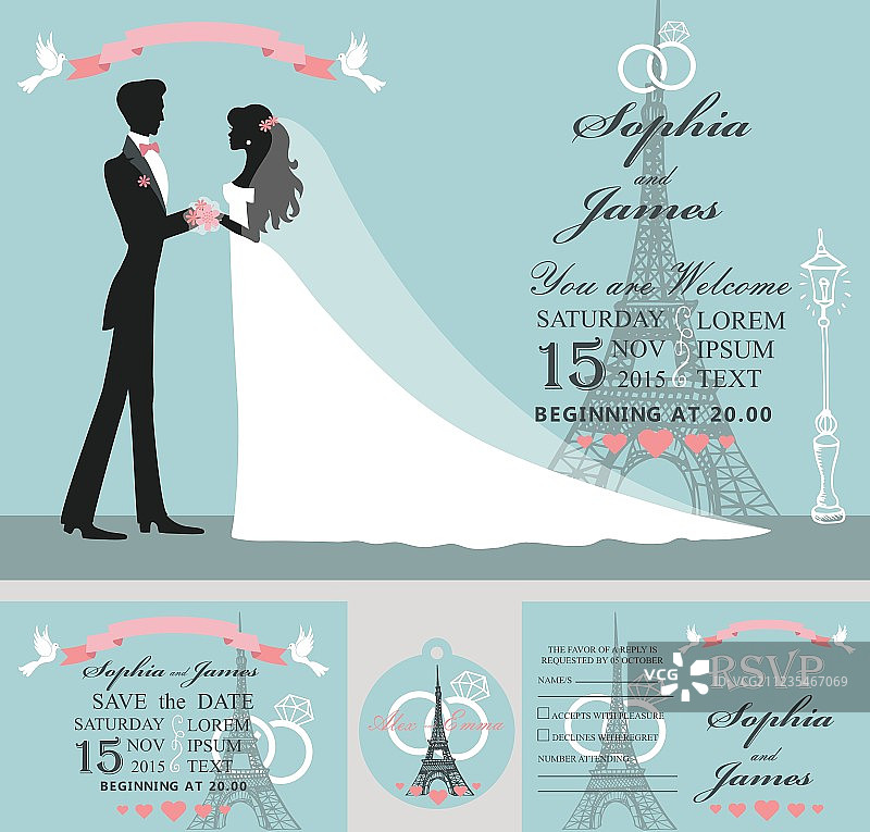 婚礼请柬套装：新郎与埃菲尔铁塔图片素材
