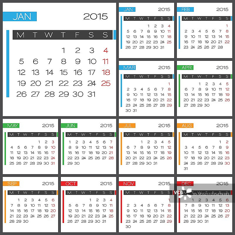 2015年多色全年日历模板图片素材